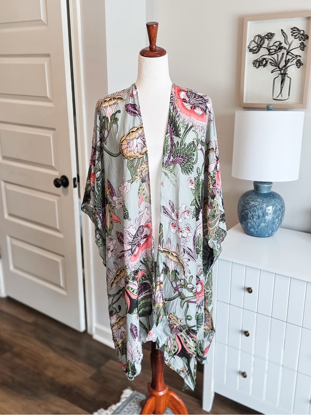 Floral Sheer Kimono Cover-Up in Sage and Pink - Picture 2 of 2